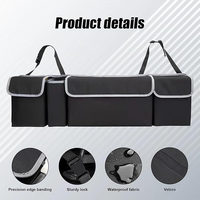 Car Trunk Organizer and Storage, Backseat Hanging Trunk Organizers and Storage, Waterproof Collapsible Cargo Large Bag with 4 Pockets, Car Interior Accessories for SUV, Truck (Black)