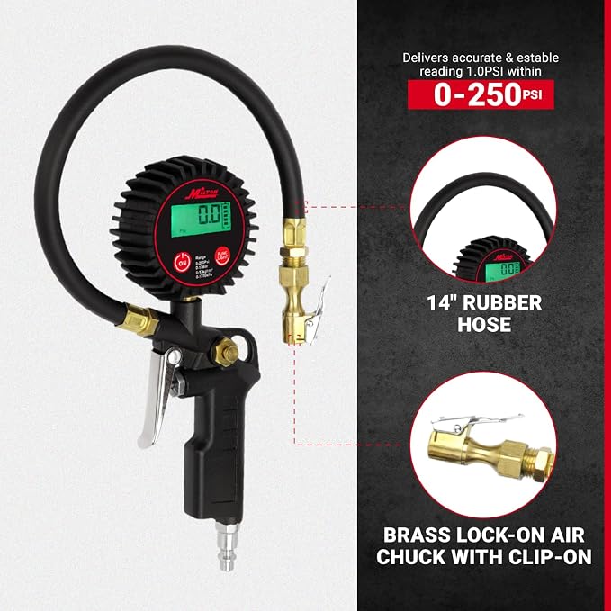 507KIT Digital Tire Inflator Car Accessories w/Accurate Air Tire Pressure Gauge, 14” Rubber Air Hose – 250 PSI, Brass Lock-On Clip Air Chuck and Compressor Accessories