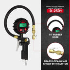 507KIT Digital Tire Inflator Car Accessories w/Accurate Air Tire Pressure Gauge, 14” Rubber Air Hose – 250 PSI, Brass Lock-On Clip Air Chuck and Compressor Accessories