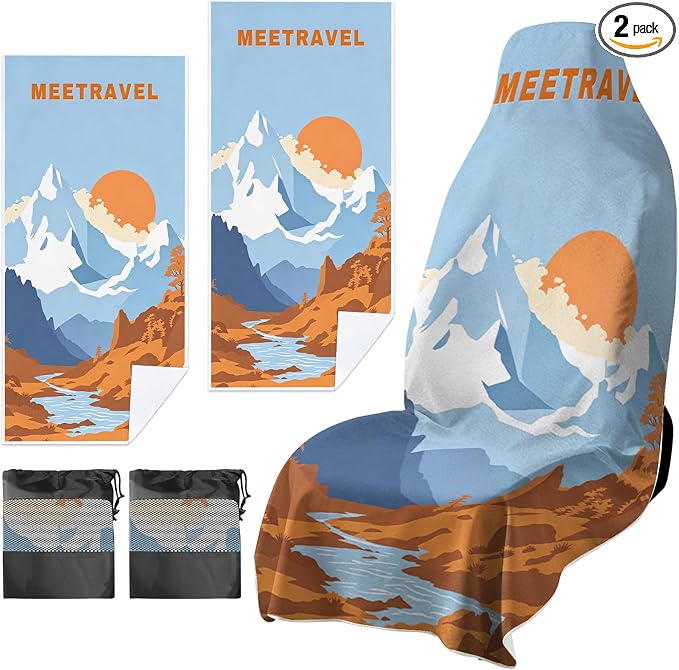 2 Pack Car Towels Seat Cover with Storage Bag, Multifunctional Microfiber Towel for Gym Outdoor Sport Running,Picnic, Beach, Pet Dog Travel,Fits Car SUV Truck (Mountain Wander)