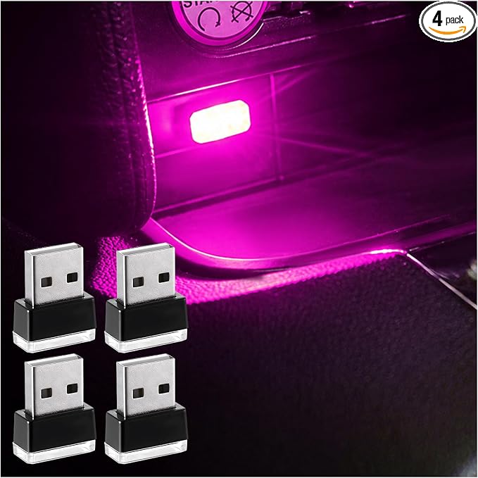 4 PCS USB LED Car Interior Atmosphere Lamp, Plug-in USB Decor Night Light, Portable Auto Ambient Lighting Kit, Universal Vehicle Interior Accessories for Most Cars (Purple)