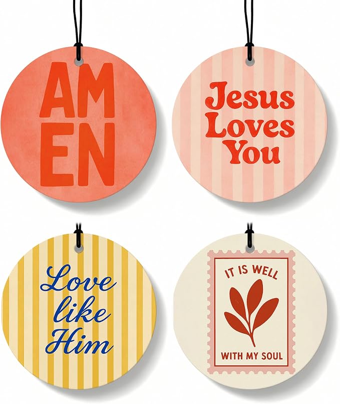 Boho Christian Round Car Air Freshener 4 Pcs Coconut Scented, Inspirational Religious Car Accessories Mirror Decor for Women, Christian Hanging Air Freshener for Cars Closet Drawer Books