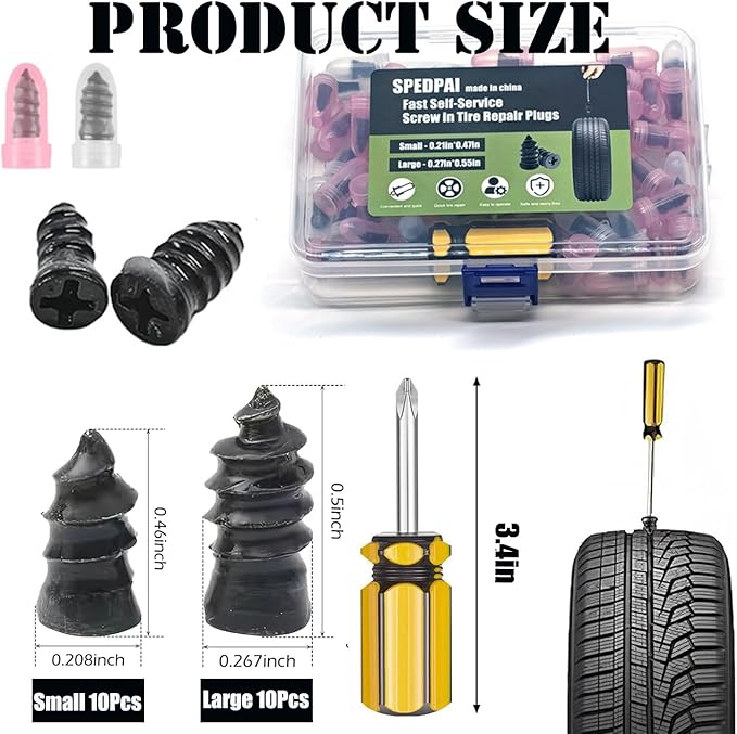 Tire Repair Rubber Nails Kit with 2 Sizes,2026 New Vacuum Screw Type Tire Plug Fast Tool with Screwdriver,Self-Service Screw in Tire Plugs Repair Tools for Car,Motorcycle,Truck,Bikes(20Pcs)