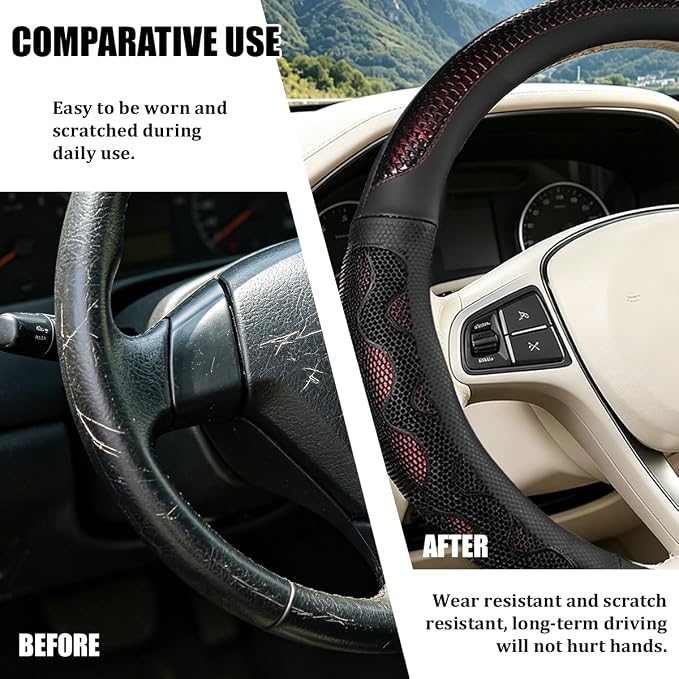 Car Steering Wheel Cover, 14.5-15" Anti-Slip Steering Wheel Protector with 3D Honeycomb Massage Grip, Comfortable Auto Interior Decor Accessories, Universal for SUV Van Truck (Black/Red)