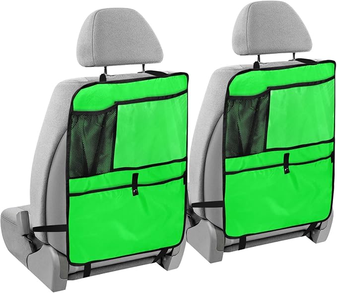 Neon Green Car Seat Organizer for Kids Backseat Kick Mat with Adjustable Strap Seat Back Protector for Car SUV Vehicle 1 Pcs