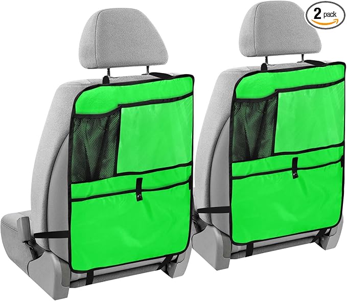 Neon Green Car Seat Organizer for Kids Backseat Kick Mat with Adjustable Strap Seat Back Covers for SUV Vehicle Cars 2 Pcs