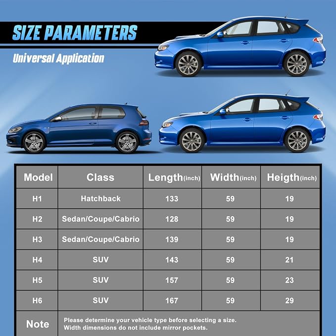 Half Car Cover Top for Hatchback and Small SUV, Windshield Cover for Ice and Snow, Roof Car Cover Waterproof All Weather with Reflective Strips and Side Elastic Hooks. H1 (Up to 133 inch)