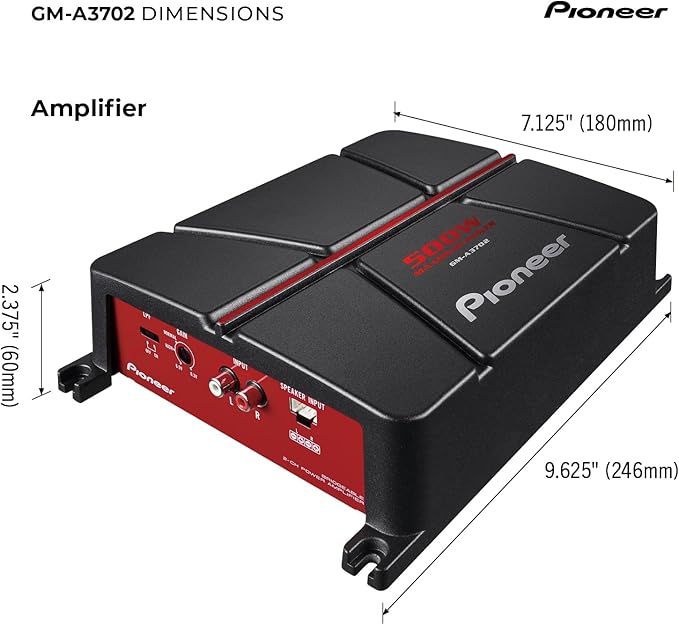 GM-A3702 2-Channel Car Amplifier – 500W Max, Class AB, Bridgeable Design, Automatic Signal Sensing and Turn-on, Built-in high-/Low-Pass Filter