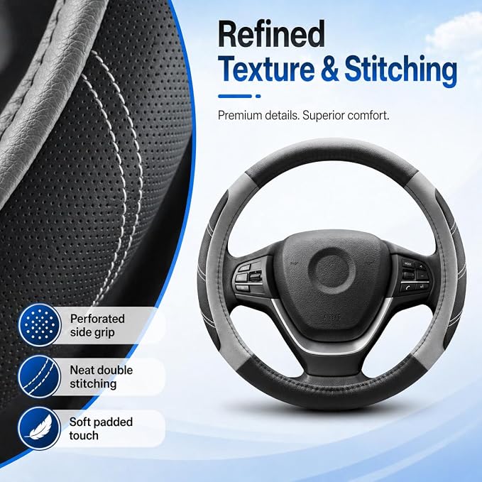 Steering Wheel Cover for 14.5" to 15" Wheels, Soft Padded Grip with Anti-Slip Inner Lining, Breathable Comfort for Daily Driving, Easy Stretch Fit for Cars, SUVs and Trucks, Black/Gray