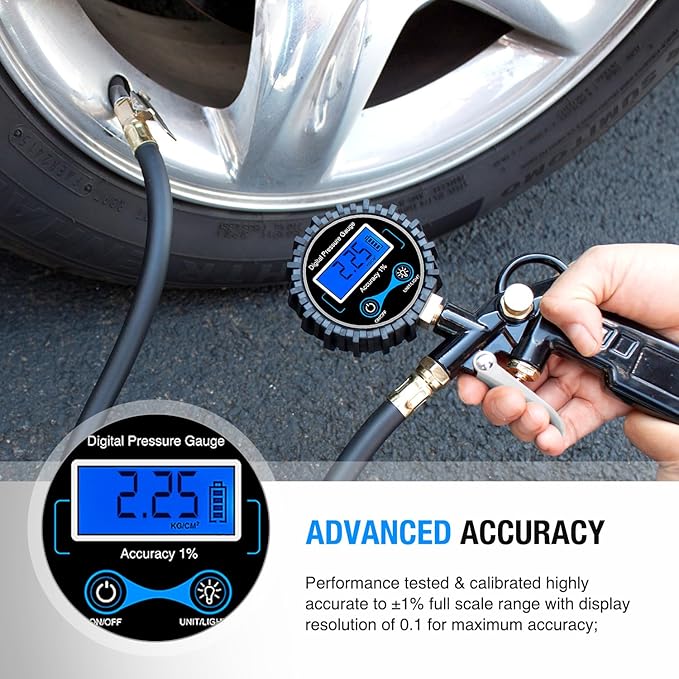 50026R Digital Tire Inflator Pressure Gauge,250 PSI Air Chuck and Compressor Accessories Heavy Duty with Rubber Hose Quick Connect Coupler for 0.1 Display Resolution