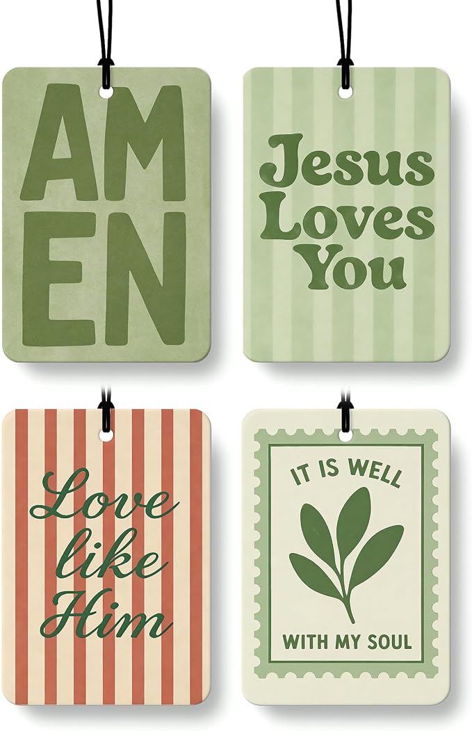 Green Boho Christian Car Air Freshener 4 Pcs Coconut Scented, Jesus Loves You Car Accessories Mirror Decor, Inspirational Religious Hanging Air Freshener for Cars Closet Drawer Book Kids Room