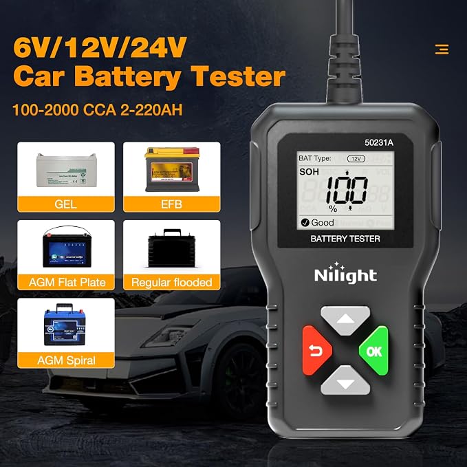 Car Battery Tester 6V 12V 24V Accurate Digital Auto Analyzer 100-2000 CCA Voltage SOH SOC Internal Resistance Test for Cars Trucks SUV ATV Boats Motorcycles Vehicle