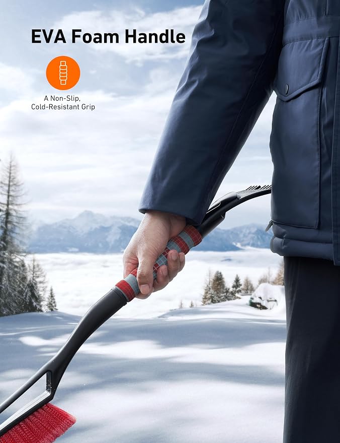 27" Snow Brush and Ice Scrapers for Car Windshield, Detachable Snow Scrapers with Ergonomic Foam Grip for Cars, Trucks, SUVs (Heavy Duty ABS, PVC Brush, Red)