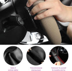 Genuine Leather Steering Wheel Cover, Stitch on Wrap, Breathable Anti-Slip Car Steering Wheel Protector for Max Diameter 15 Inch, DIY Sewing with Needles Thread (Beige, Glossy)