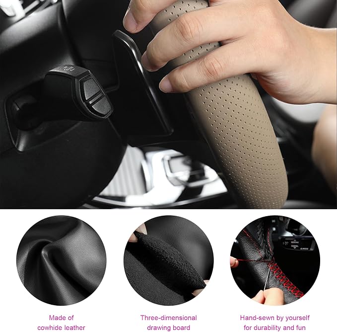 Genuine Leather Steering Wheel Cover, Stitch on Wrap, Breathable Anti-Slip Car Steering Wheel Protector for Max Diameter 15 Inch, DIY Sewing with Needles Thread (Beige, Middle Hole)