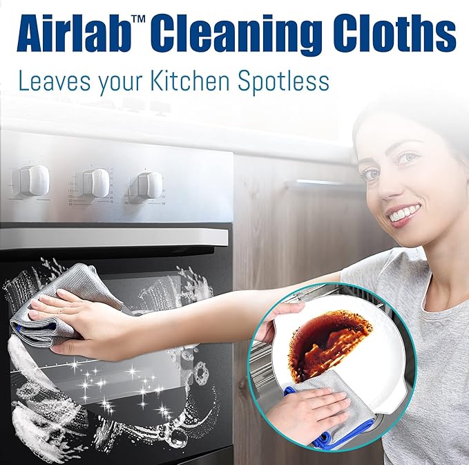 Airlab Glass Polishing Cloth Streak Free Miracle Cleaning Cloth Lint Free Microfiber Cleaning Rags for Glasses Kitchen Dish Mirrors Easy Clean, Pack of 8, 16" x 12", Grey-Yellow & Grey-Blue