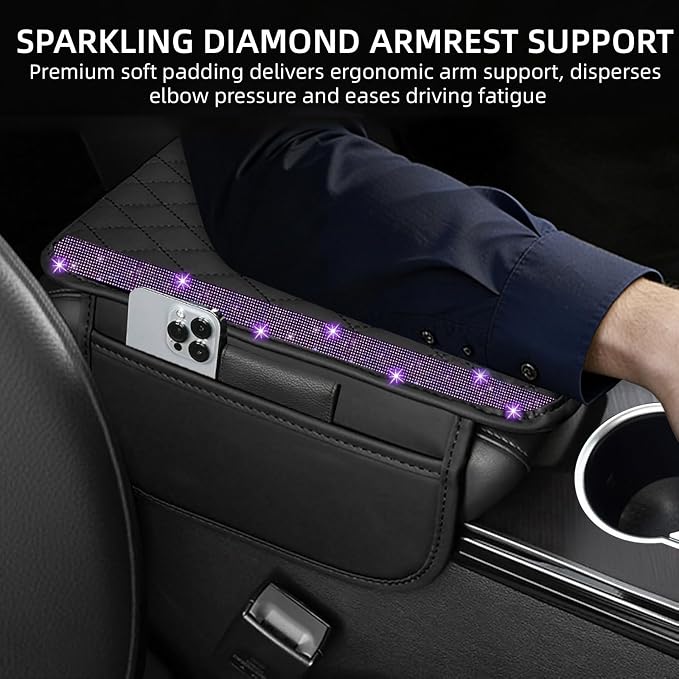 Bling Car Center Console Cover, Leather Car Arm Rest Cover Cushion with 2 Storage Bags, Universal Auto Armrest Protector Storage Box, Bling Accessories Interior for Most Vehicles (Purple)