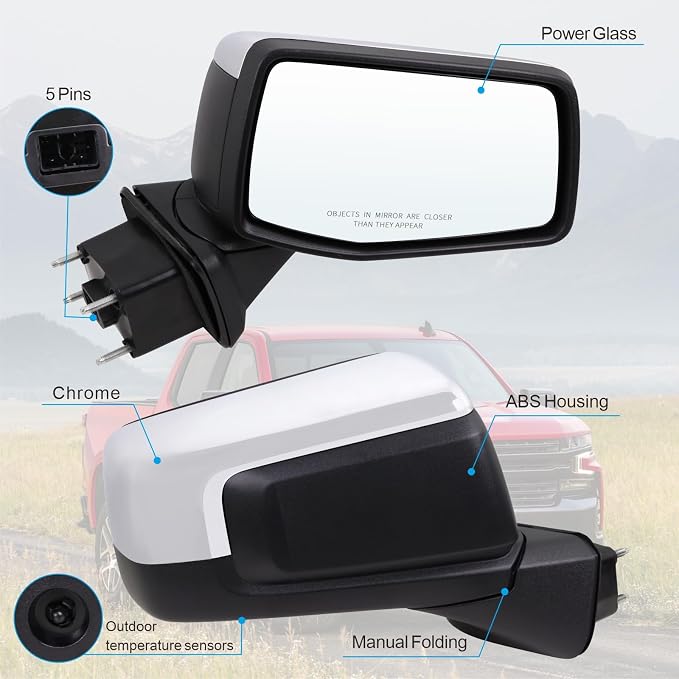 Right Passenger Side Mirror Compatible With 2019-2025 Chevy Silverado 1500 With Manual Folding Power Glass Temperature Sensor Non-Heated Without Turn Signal Chrome Replace#GM1321582(5Pins)
