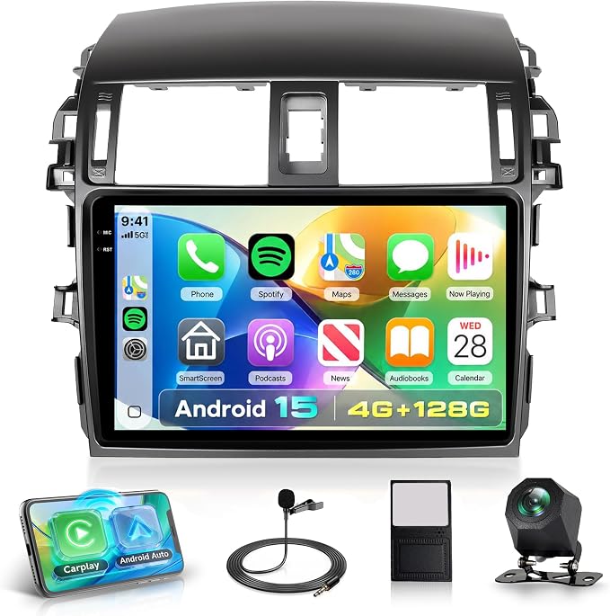 4G+128G Android 15 Car Stereo for Toyota Corolla 2008-2013 with Canbus, Car Radio Wireless CarPlay Android Auto, GPS 5G-WiFi 9 Inch INCELL Screen Bluetooth FM/RDS EQ + HD Backup Camera
