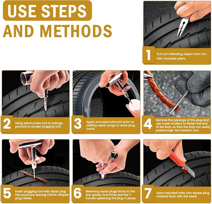 Heavy Duty Tire Plug Kit - 70pcs All-in-One Universal Tire Repair Kit for Tubeless Flats, Emergency Tire Patch Kit for Car, Truck, SUV, ATV, Motorcycle, Trailer & RV