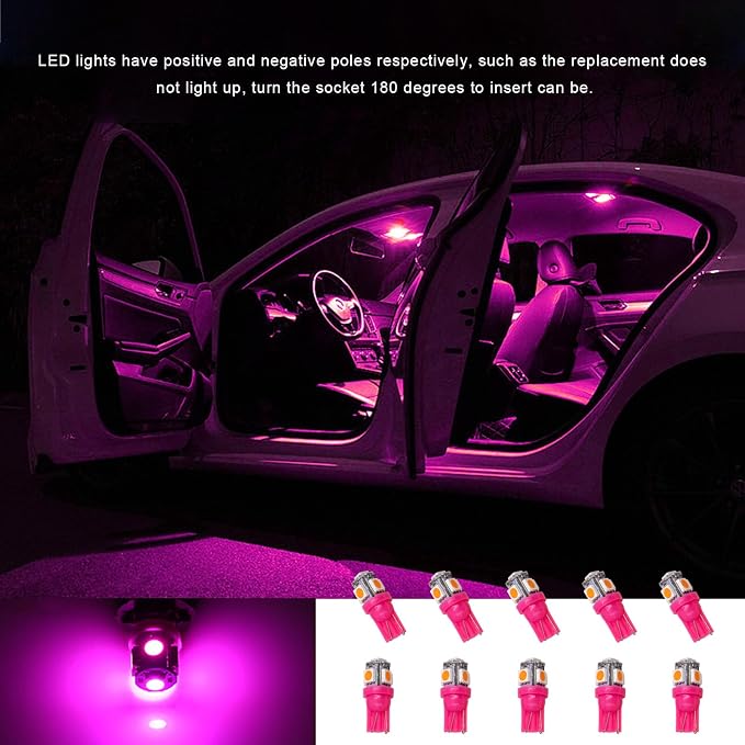 10 PCS Car Interior LED Light Bulb, T10 5050 5SMD LED Car Bulb Kit, Super Bright Automotive Led Replacement Bulbs for Dashboard Dome Map Door Courtesy License Plate Lights (Purple)
