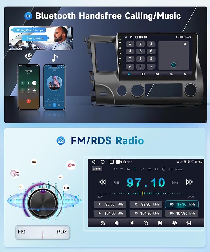 5GHz-WiFi 2G+64G Car Stereo for Honda Civic 2006 2007 2008 2009 2010 2011 with Wireless Carplay Android Auto, 10.1" Touchscreen Android 15 Car Radio Support Bluetooth EQ GPS USB AHD Backup Camera