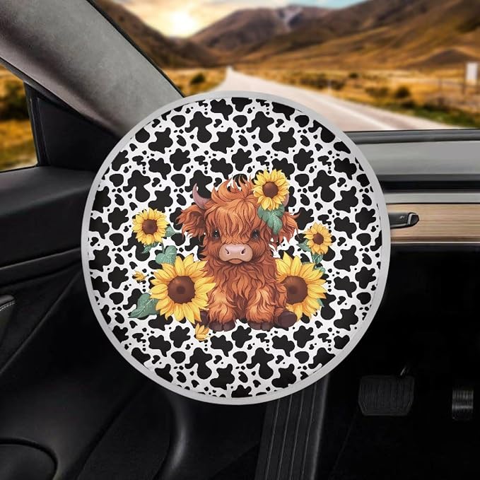 Highland Cow Steering Wheel Sun Shade Cover Sun Foil Anti-Heat Steering Wheel Cover Sunflower Pattern Steering Wheel Sun Heat Shield for SUV Truck Van