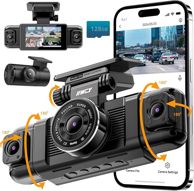 N5 4 Channel Dash Cam 360° View, 1080P Front and Rear Inside, Left Right Dash Camera for Cars, 8 IR Lamps Night Vision, 5G WiFi & APP Control, G-Sensor, Parking Mode, with a Free 128GB SD Card