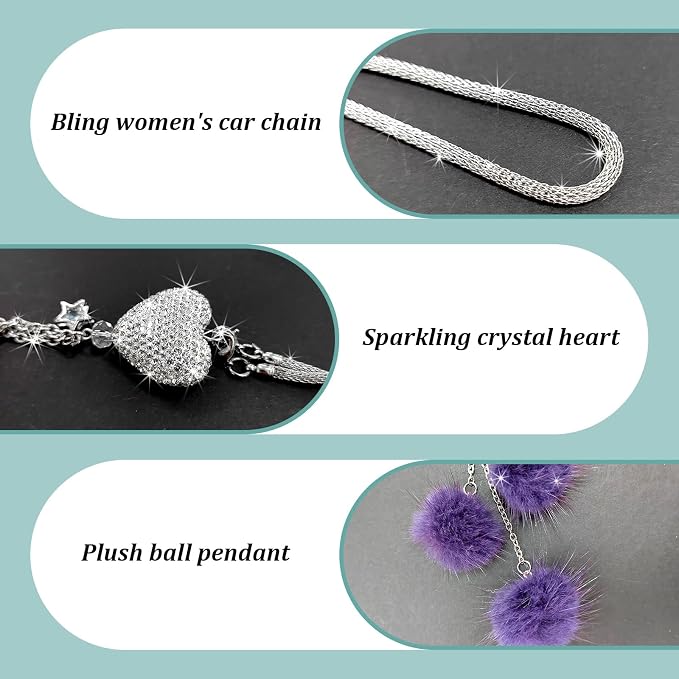 Bling Diamond Heart Car Interior Accessories, Mirror Hanging Ornament for Women, Love Heart & Pink Plush Ball Decor Ornament Pendant, Hanging Decoration Charm Pendant (Purple)