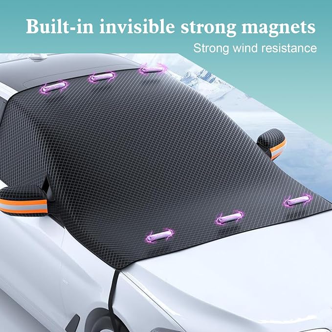 Car Windshield Sun Shade, Thickened 2-in-1 Car Sun Shade & Snow Shield, All-Season Windshield Cover with Reflective Strips and Rearview Mirror Protectors, Universal for Most Cars (Black)
