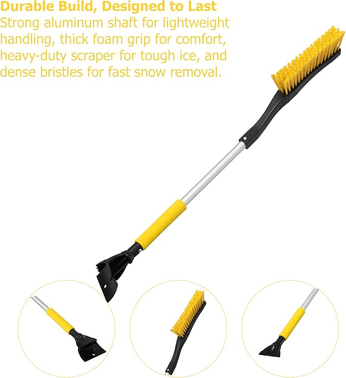 32" Aluminum Snow Brush & Ice Scraper 2-in-1 Winter Car Tool with Non-Slip Foam Grip and Scratch-Free Bristles for Cars, SUVs & Trucks, Yellow