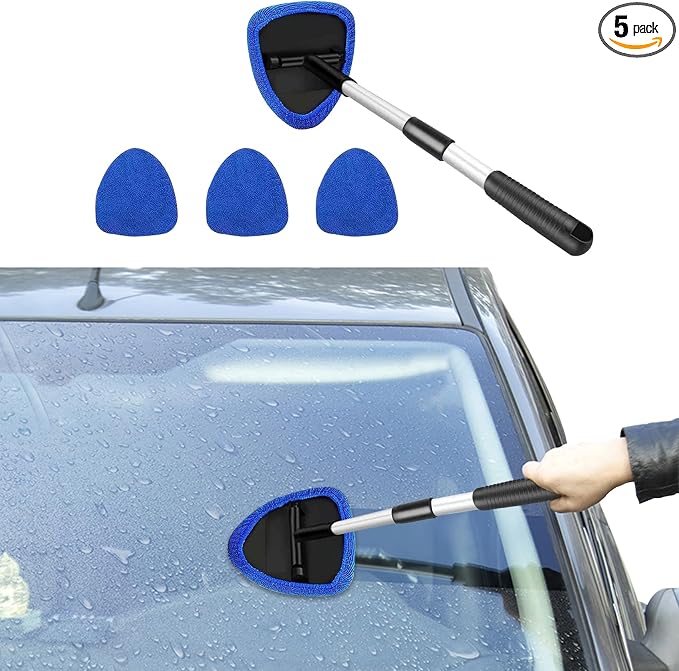 Windshield Cleaning Tool, Car Window Cleaner with Extendable Long Handle and 4 Washable Reusable Microfiber Pads, Auto Interior Exterior Auto Glass Wiper for Windshield, Universal for Most Cars (Blue)