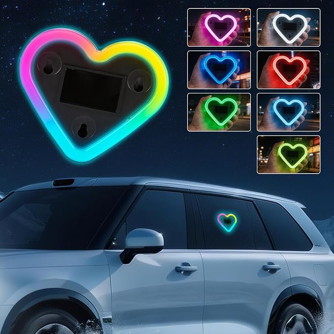 Upgrade Car Light LED Ambient Lights Heart Solar Lights Solar-Powered Heart-Shaped Neon Lights for Car Window Decorative 5 Modes Interior Outdoor Decor (Rainbow-2Pcs)
