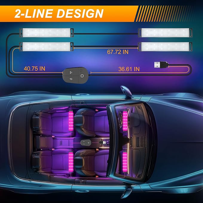Car LED Lights Interior, RGB Ambient Lighting Car with DIY Mode and Music Mode, 2 Lines Design Inside Car Lights for Trucks SUVs, DC 5V