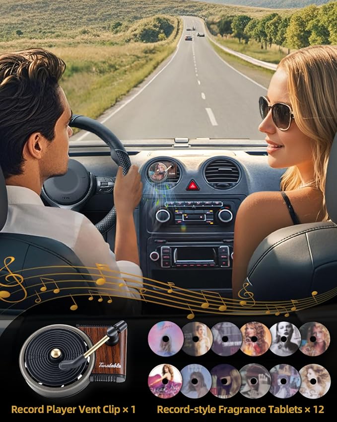 Record Player Car Air Freshener Vent Clip, 12PCS Vintage Album Style Refill Pads, Air Freshener Car Decor Accessories, Cologne Scent Air Fresheners for Car, Music Lovers Gifts