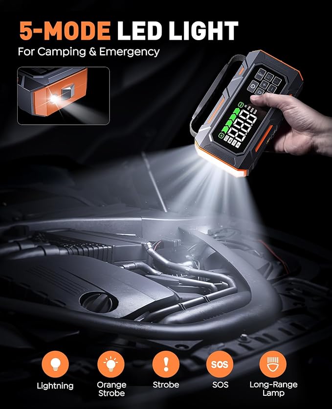 16-in-1 8000A Car Battery Jump Starter with Air Compressor 160PSI, Jump Starter Jump Box (All Gas 12L Diesel) with Portable Jumper Cables, Auto-Shutoff Tire Inflator, Gloves, Tow Rope