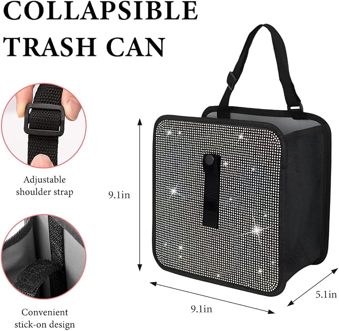 Car Foldable Trash Can, Bling Rhinestone Oxford Garbage Container Hanging Waterproof Organizer, Mini Crystal Dustbin Waste Basket Leakproof Trash Bin for Car Office Kitchen (AB)