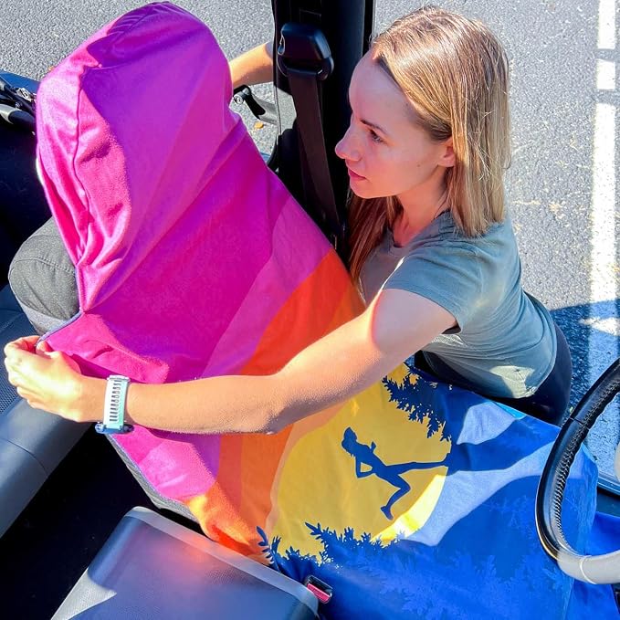 Car Seat Towel Cover – Hooded Moisture-Wicking Microfiber Seat Protector – 30" x 60" – for Runners and Outdoor Enthusiasts – Happy Hour