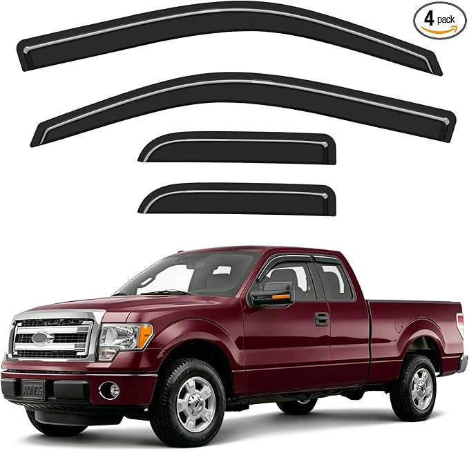 Outside-Mount Window Rain Guards Fit for 2004-2014 Ford F150 Extended Cab & SuperCab, Out-Channel Window Visors Wind Deflector Dark Smoke Vent Shades for 04-14 F-150 Extended Cab