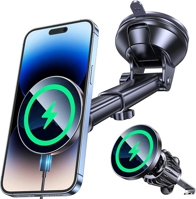for Magsafe Car Mount Charger【Strongest Magnet】 Upgraded Wireless Car Charger Magnetic Phone Holders for Your Car Suction Cup Phone Mount for MagSafe Car Charger for iPhone 17 16 15 14 13 12