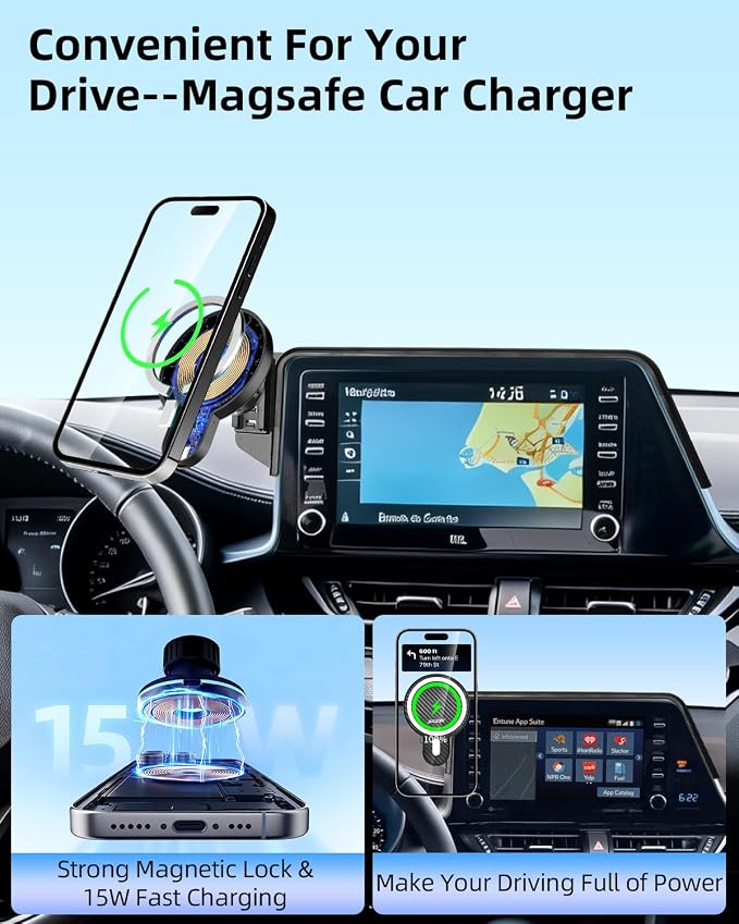 PZK Car Phone Mount for Toyota C-HR CHR 2019-2022 Accessories 8-inch Screen | Magnetic 15W Fast Wireless Charger Phone Holder with Magsafe 360° Rotation Hands-Free Phone Cradles Not Block Air Vent