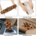 Fuzzy Car Steering Wheel Cover, Universal Fit Fur Auto Wheel Cover & Handbrake Cover & Gear Shift Cover Set, Anti-Slip Leopard Warm Fluffy Vehicle Wheel Protector Car Accessories for Men Women