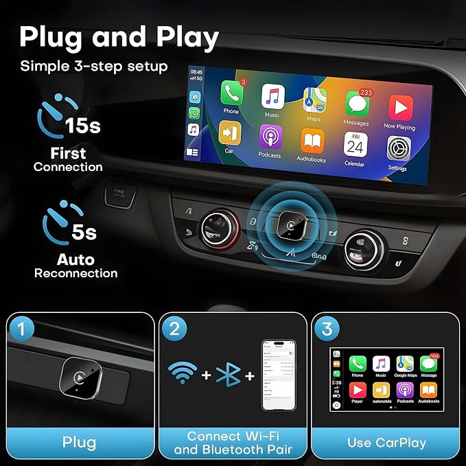 USB C Wireless CarPlay & Android Auto Adapter, Wired to Wireless Dongle | Plug & Play Compatible with iPhone & Android Smartphones,WiFi 6.0 Stable Connection & No Latency.