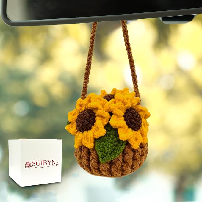 Crochet Hanging Plant for Car,Car Decorations Interior,Plant Aesthetic Car Accessories for Women Interior Cute,Car Ornaments Charms for Rear View Mirror,Boho Car Decoration Gifts