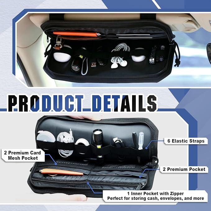 SAMPUSS Car Sun Visor Organizer Car Sunglass Holder with Storage Pouch | Semi-rigid molle panel car truck accessories with zipper for men&women fit most cars trucks vans suvs jeeps patrols