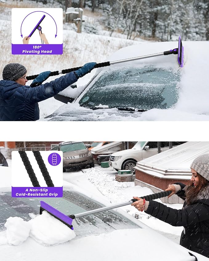 2025 Extra Long 55.7" Ice Scrapers for Car Windshield Multi-Functional Detachable Car Ice Scraper with Foam Grip and 270° Pivoting Brush Head Snow Brush for SUV Truck Auto(Purple)