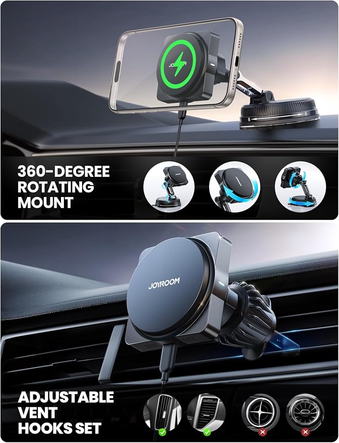 for MagSafe Car Mount Charger, [Smart Fingerprint-Touch Rotation] 15W MagSafe Wireless Car Charger[Vacuum & Gel 360° Base] Air Vent Dashboard Set for iPhone 17 16 15 14 13 12 Series, Black