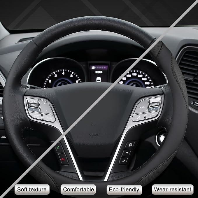 Customized Auto Car Steering Wheel Cover for Hyundai,Tucson,Sonata,Elantra,Santa Fe,Genesis,Sonata Hybrid,Azera,Venue,Kona, 14.5-15 inches(Black - Standard Size)