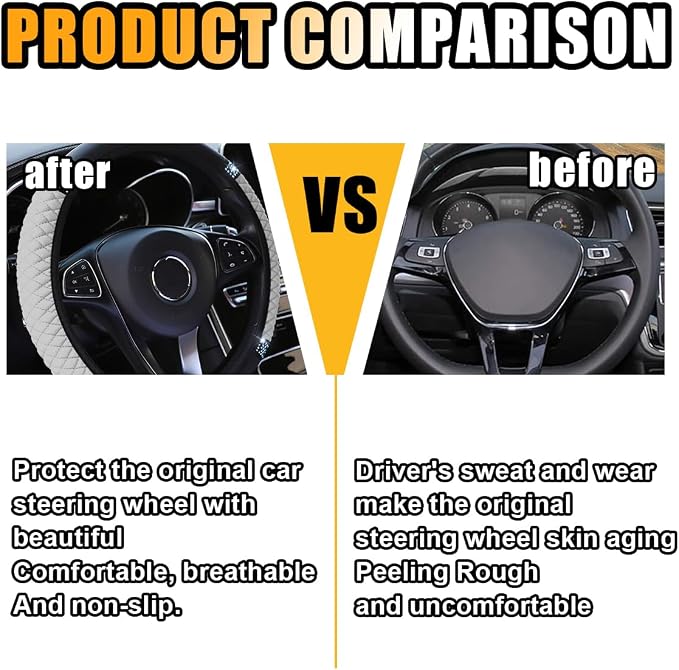 15 Inch Bling Soft Leather Car Steering Wheel Cover, White | Colorful Rhinestones Design, Auto Elastic Protector for Women Girls, Crystal Diamond Car Accessories for Most Cars, SUVs