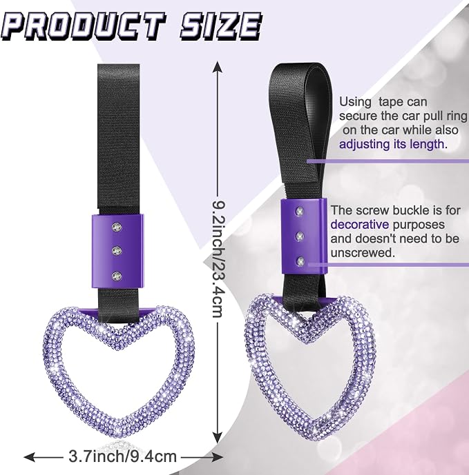 Bling Car Accessories Bling Heart Handle Ring Car Accessory for Women Hearts Strap Drift Charm Rear Bumper Warning Ring Decoration for Auto Bus Interior Exterior (Light Purple,Heart Style)